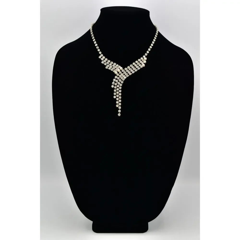Vintage Crystal Collar Choker Necklace Pearl Silver Chunky Glam 1980s BinBJ
